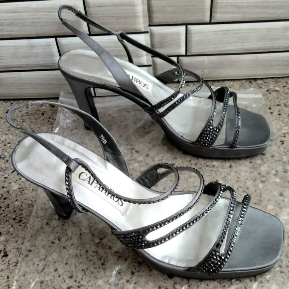 Grey Sequined Strappy Open Toe Evening Heels - Picture 1 of 11